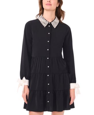 Women's Bow Collared Long-Sleeve Short Dress