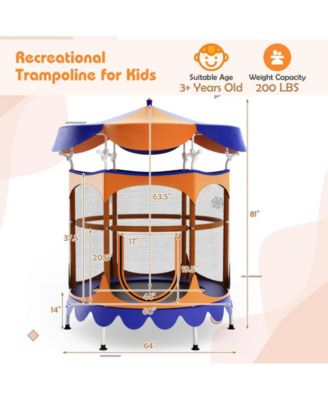 64 Inch Kids Trampoline with Detachable Canopy and Safety Enclosure Net