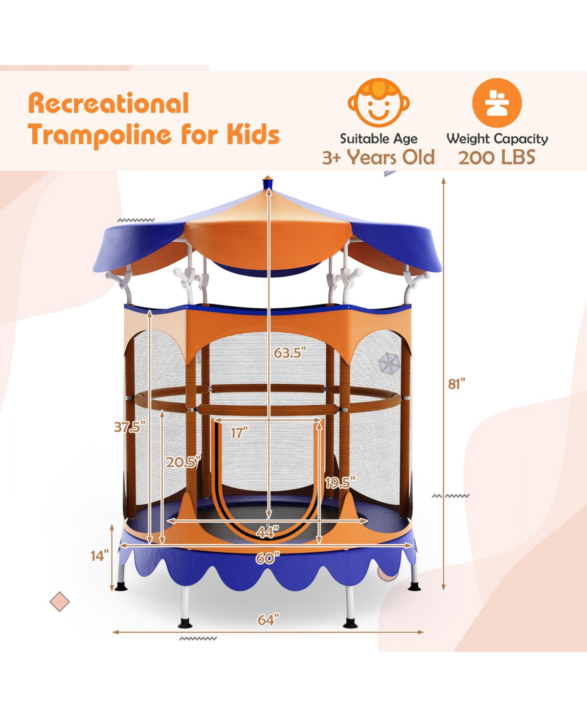 Sugift 64 Inch Kids Trampoline with Detachable Canopy and Safety Enclosure Net