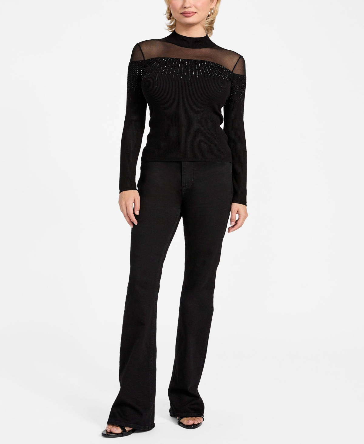 Guess Women's Embellish Sheer Panel Mock Neck Sweater In Black