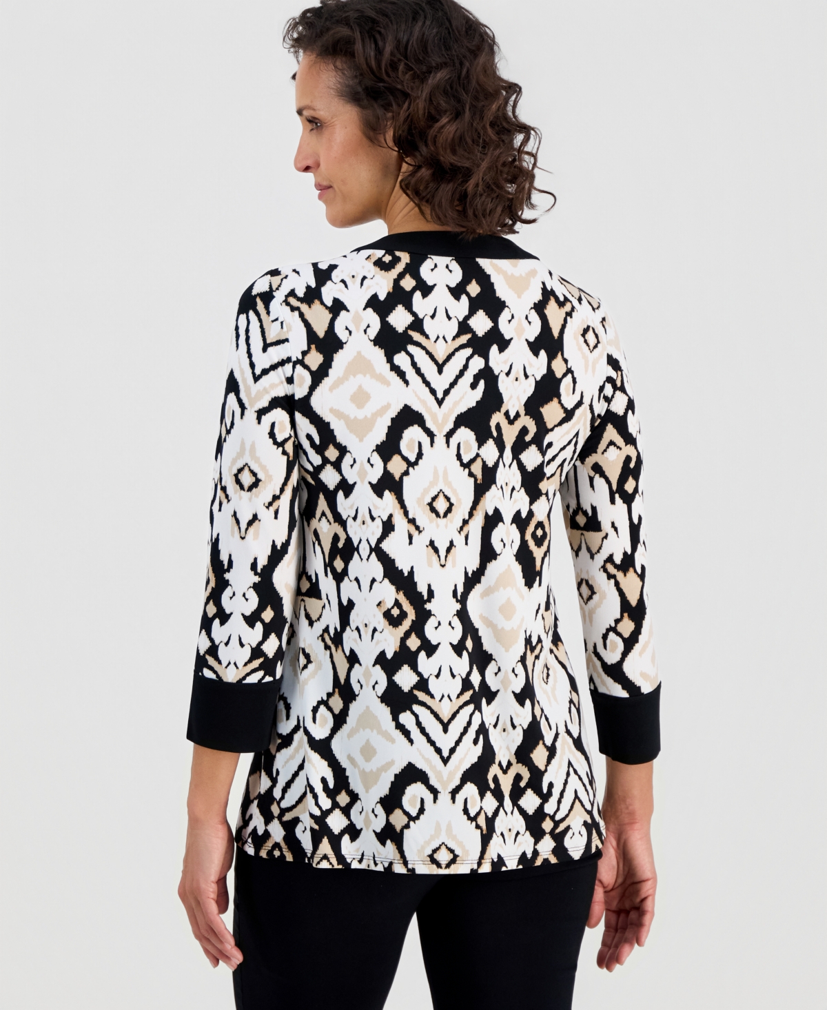 Jm Collection Women's Lace-Up 3/4-Sleeve Printed Top, Created for Macy's