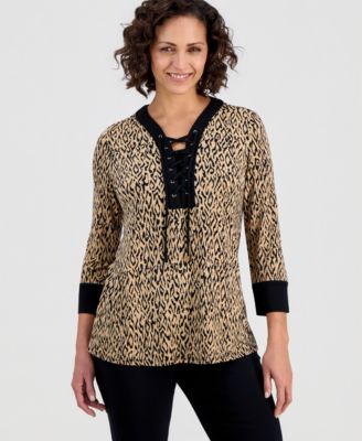 Women's Lace-Up 3/4-Sleeve Printed Top