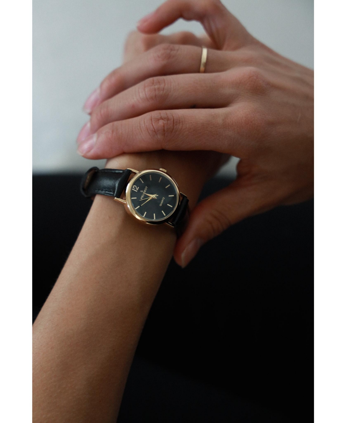 Peugeot Women's Classic Easy Read Black Watch with Black Leather Strap