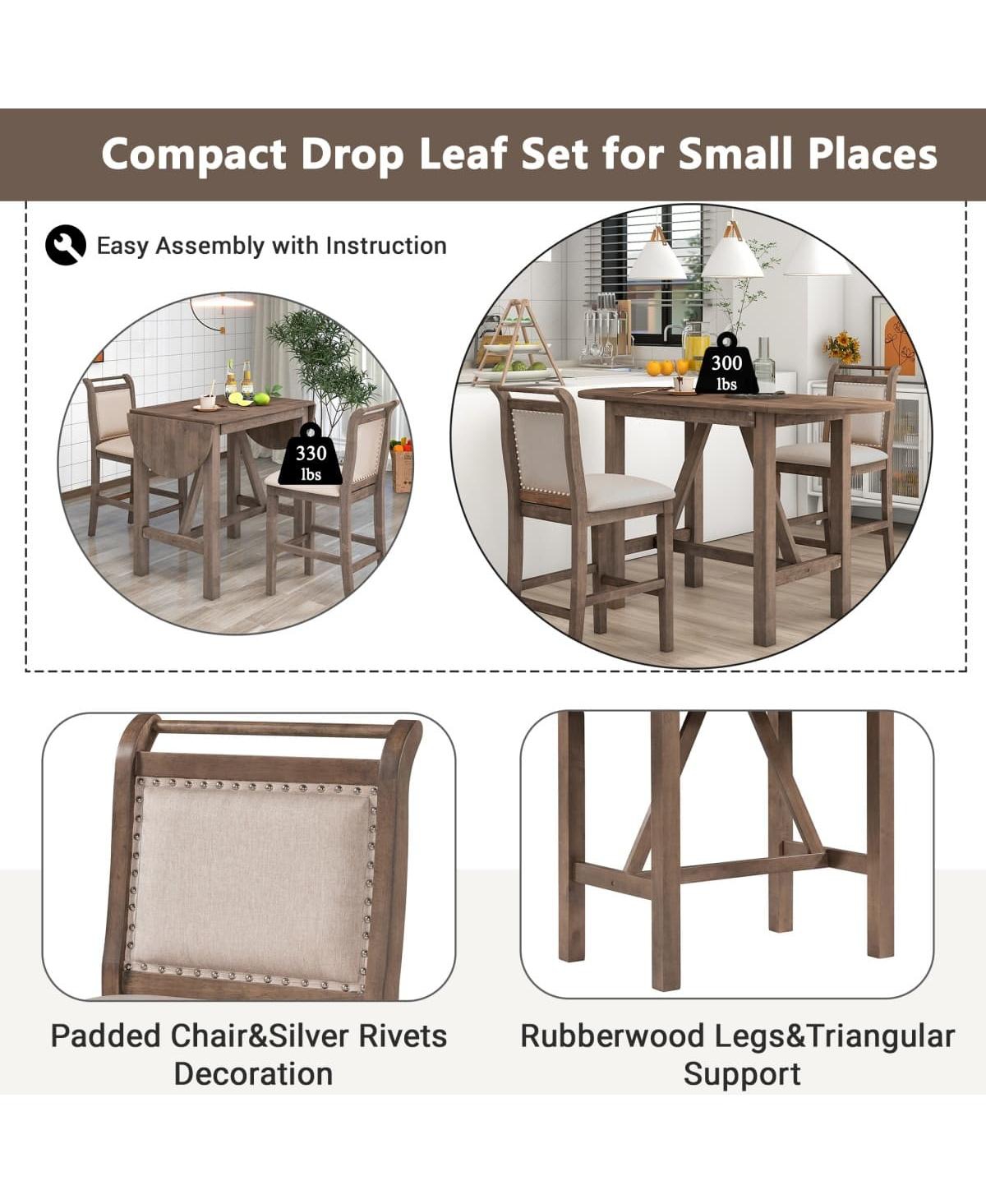 Maison Boucle 3-Piece Drop Leaf Counter Height Dining Set for Small Spaces, White and Navy Kitchen Table with 2 Upholstered Bar Chairs