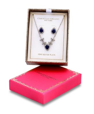Christian Siriano New York Gold Plated Baguette Cubic Zirconia Frontal Necklace and Earrings Set - Blue