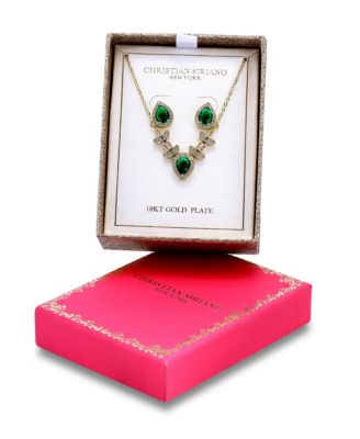 Christian Siriano New York Gold Plated Baguette Cubic Zirconia Frontal Necklace and Earrings Set - Green 21$