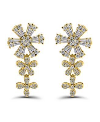 Cubic Zirconia Flower Design Linear Drop Earrings
