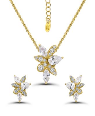 Gold Plated Cubic Zirconia Floral Cluster Necklace and Earrings Set