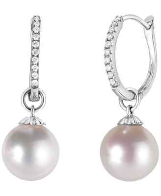 Macy's - Freshwater Pearl (10mm) and Diamond (1/10 ct. t.w.) Earrings in Sterling Silver