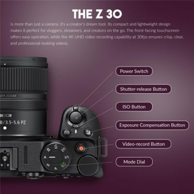 Z 30 Mirrorless Camera with NIKKOR Z DX 12-28mm f/3.5-5.6 PZ VR Lens, Bundle with 128GB Memory Card, Backpack, EN-EL25 Battery, Dual Smart