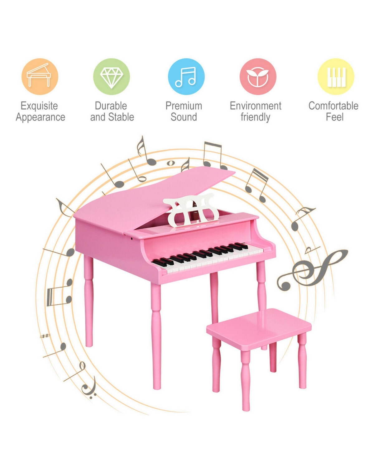 Sugift Pink 30-Key Wood Toy Kids Grand Piano with Bench and Music Rack