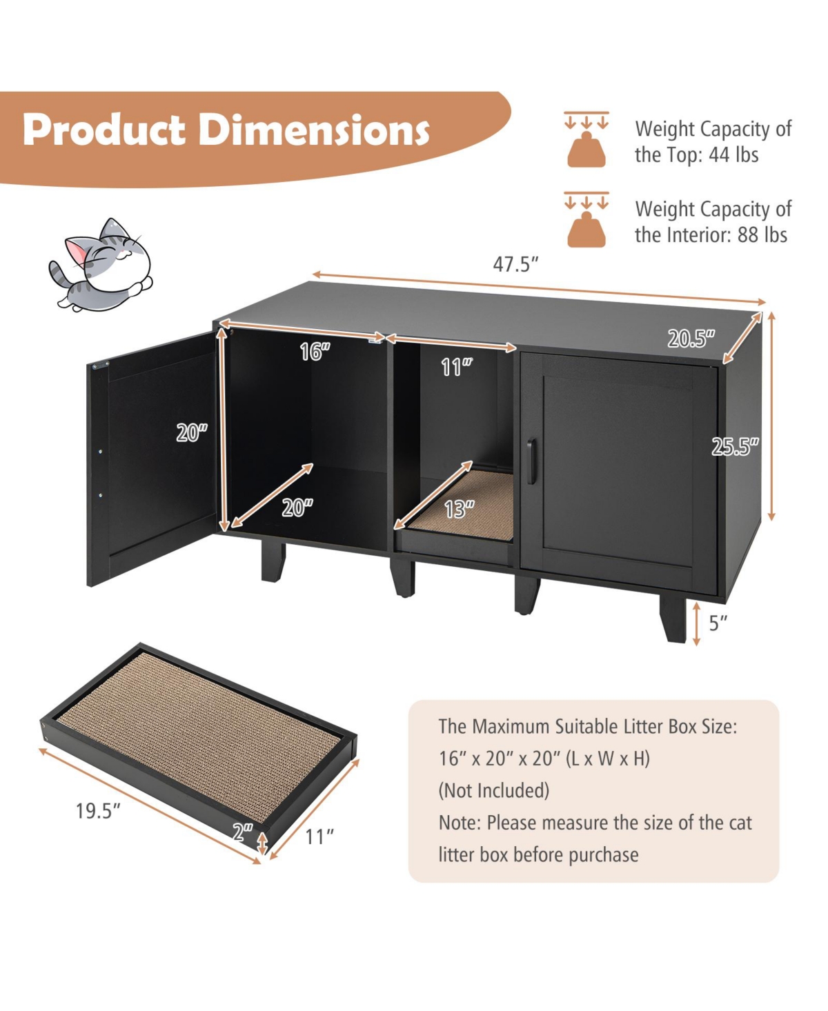 Sugift 2-Door Cat Litter Box Enclosure with Winding Entry and Scratching Board