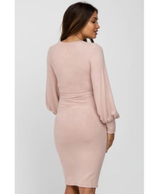 Maternity Pink Soft Brushed Waist Tie Bubble Sleeve Dress