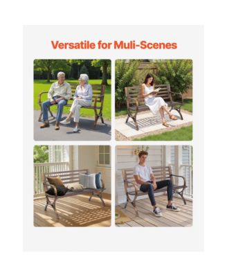 Outdoor Patio Bench with Metal Frame and Slatted Backrest.