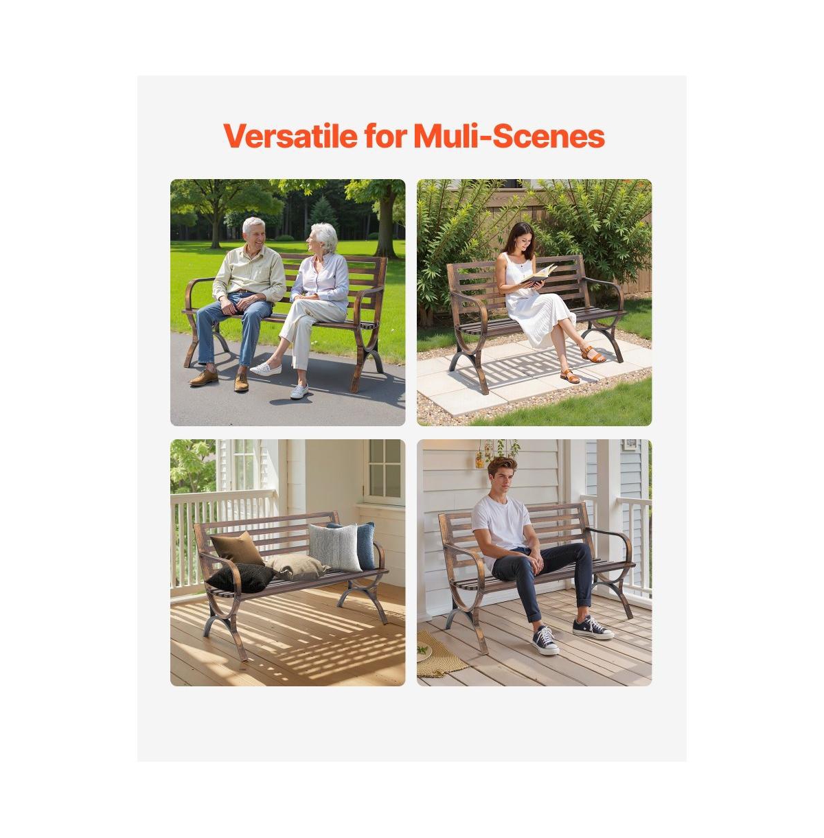 Slickblue Outdoor Patio Bench with Metal Frame and Slatted Backrest.