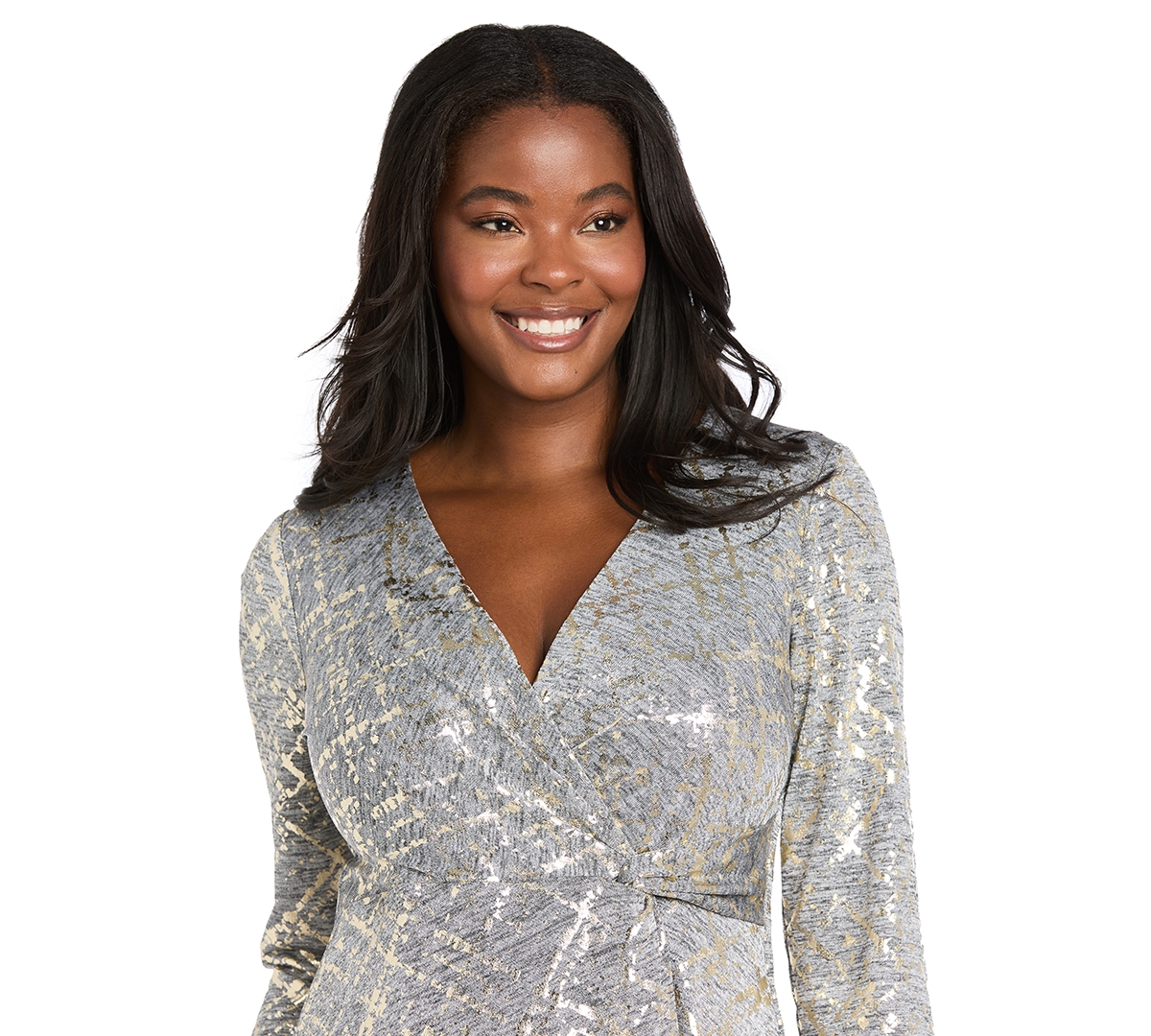 R & M Richards Women's V-neck Faux Wrap Dress In Metallic