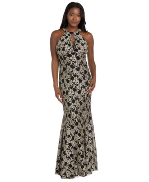 Женское платье R & M Richards Long Lace Scalloped Bodice, цвет: Золотой / Чёрный