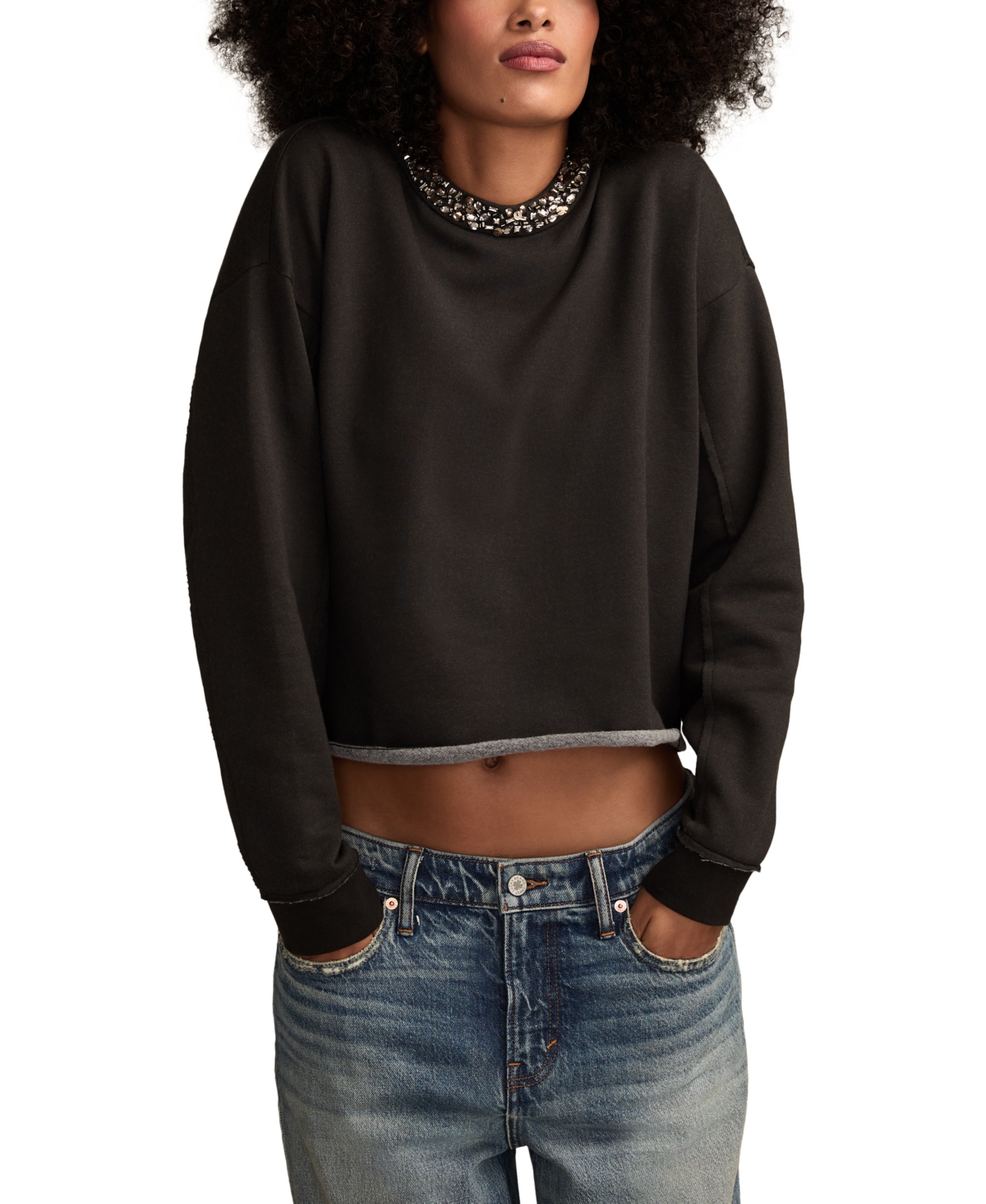 Lucky Brand Beaded Crewneck Sweatshirt In Black