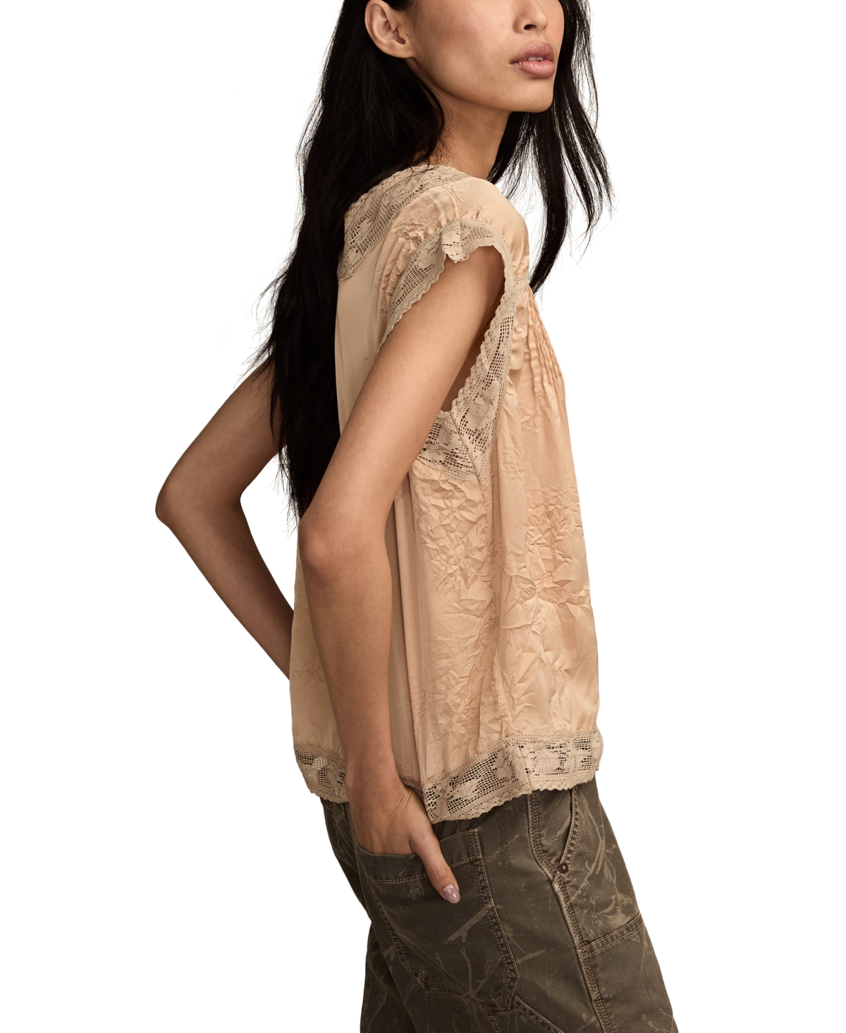 Lucky Brand Lace Cap Sleeve Shirt In Brown