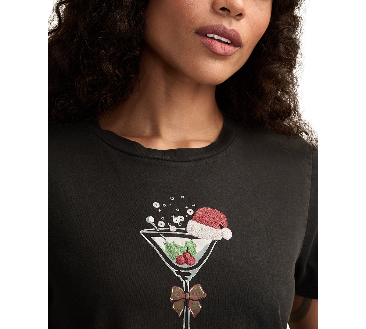 Lucky Brand Christmas Martini Embroidered Graphic T-shirt In Black