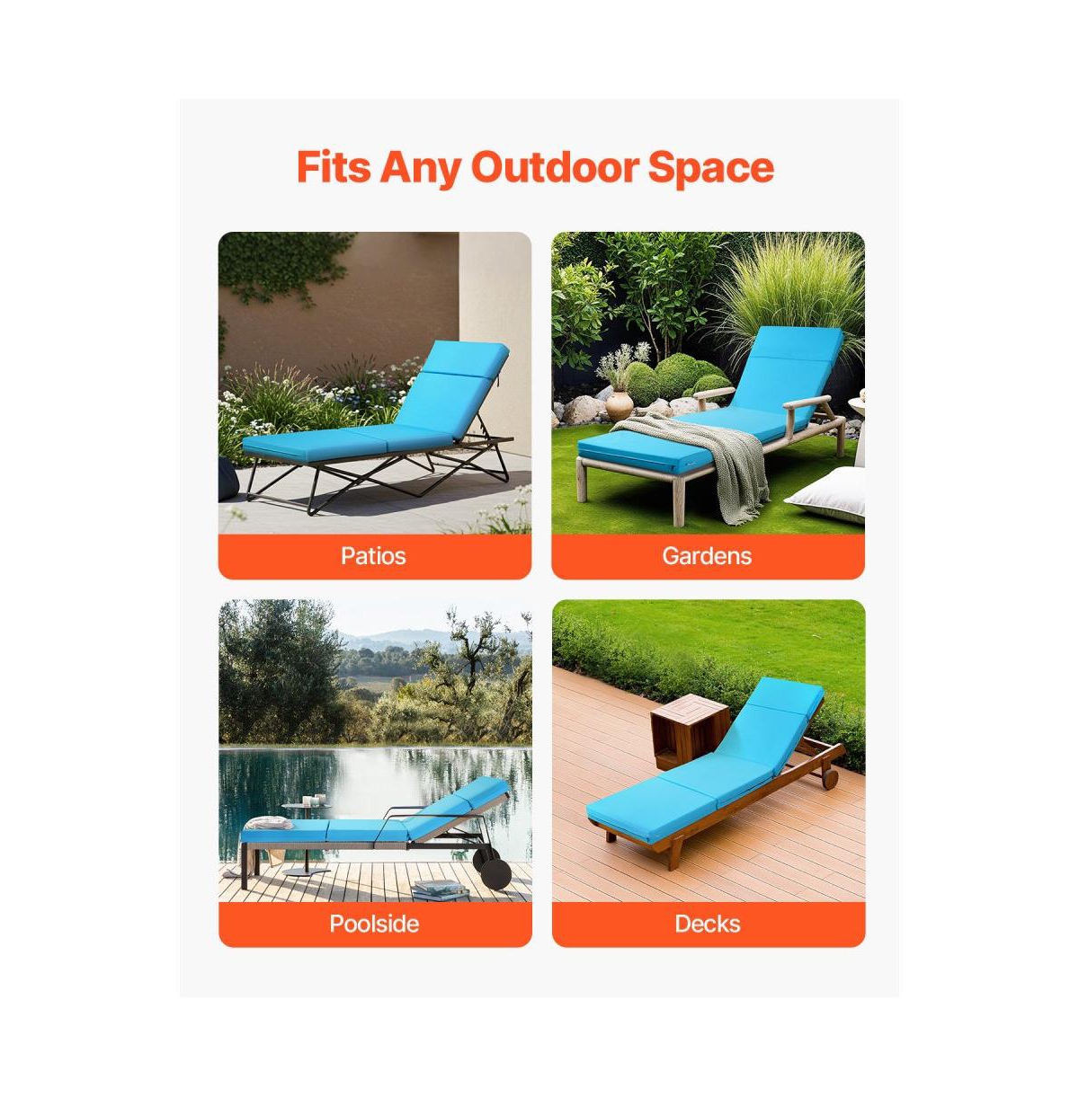 Slickblue Waterproof Chaise Lounge Chair Cushions Set of 2 for Patio.