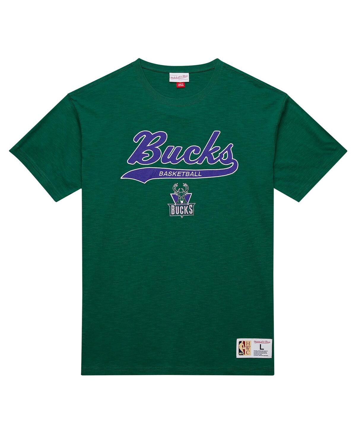 Mitchell & Ness Men's Green Milwaukee Bucks Hardwood Classics Felt Applique Slub T-Shirt