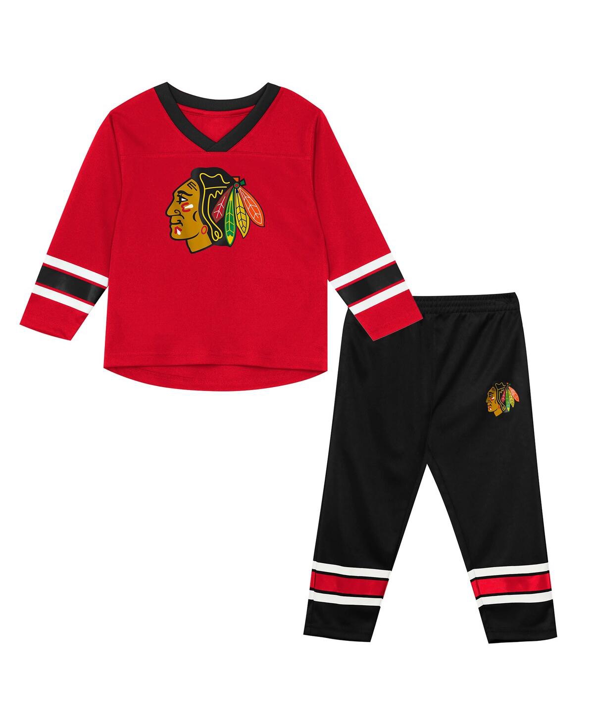 Outerstuff Preschool 2-piece Red/black Chicago Blackhawks Denting The Net Long Sleeve T-shirt And Pants Set In Red
