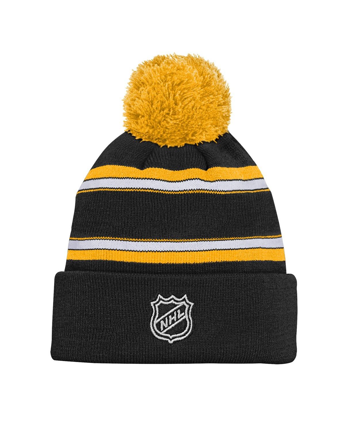 Outerstuff Big Boys And Girls Black Boston Bruins Jacquard Cuffed Knit With Pom Hat In Black