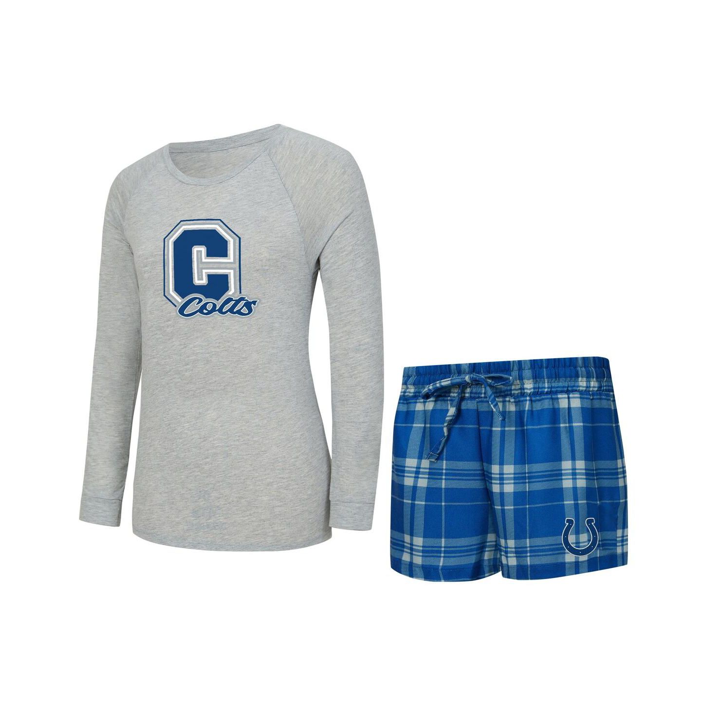 Женские комплекты Concepts Sport 2-Piece Heather Gray/Royal Indianapolis Colts Regulate Plaid Long-Sleeve T-Shirt Shorts Sleep Set — фото 1