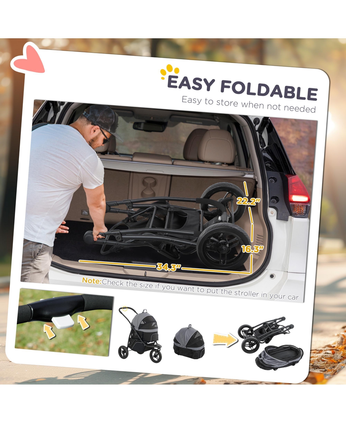 PawHut 3 in 1 Pet Stroller for Small Dogs and Cats with Detachable Carrier