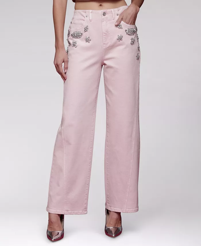 Women's Rhinestone-Trim Hollywood-Waist Wide-Leg Jeans