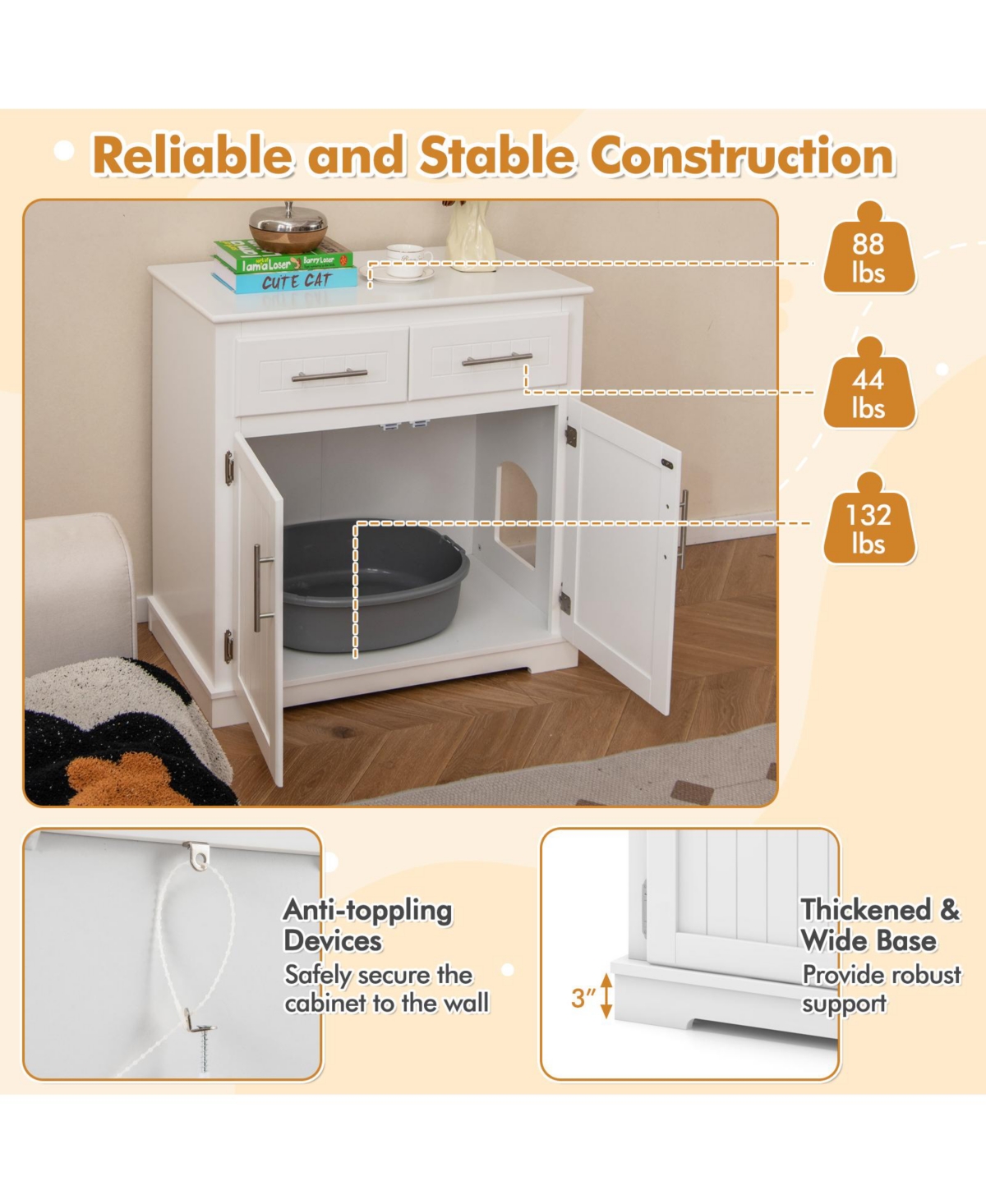 Gymax Cat Litter Box Enclosure w/ 2 Drawers Double Doors Anti-Toppling Devices