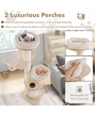 74 Inches Tall Wooden Cat Tower Tree with 2-Story Cat Condo and Washable Cushions