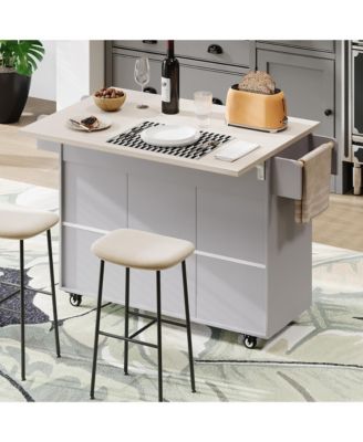 CASAINC Wood Rolling Drop Leaf with Trash Can Storage, Spice Rack, Towel Rack, Drawer & Adjustable Shelf Kitchen Island Cart