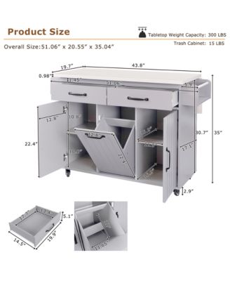 CASAINC Wood Rolling Drop Leaf with Trash Can Storage, Spice Rack, Towel Rack, Drawer & Adjustable Shelf Kitchen Island Cart