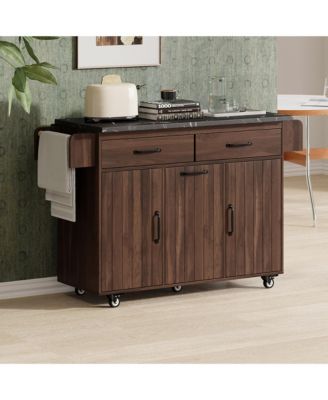 CASAINC Wood Rolling Drop Leaf with Trash Can Storage, Spice Rack, Towel Rack, Drawer & Adjustable Shelf Kitchen Island Cart