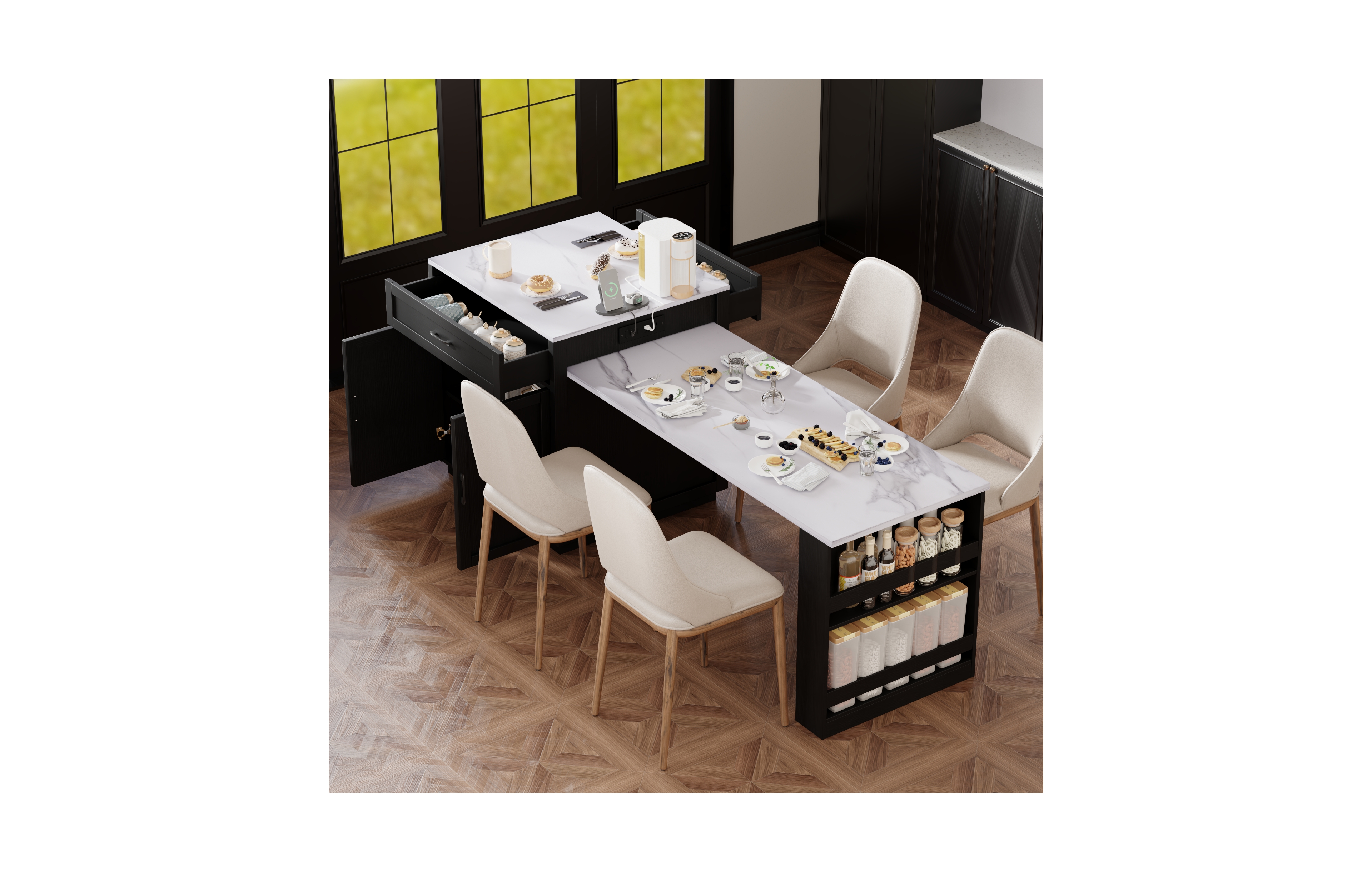 Casainc – Kitchen Island 82.7", extendable dining table for 4–6, two-tone, double storage, power outlet