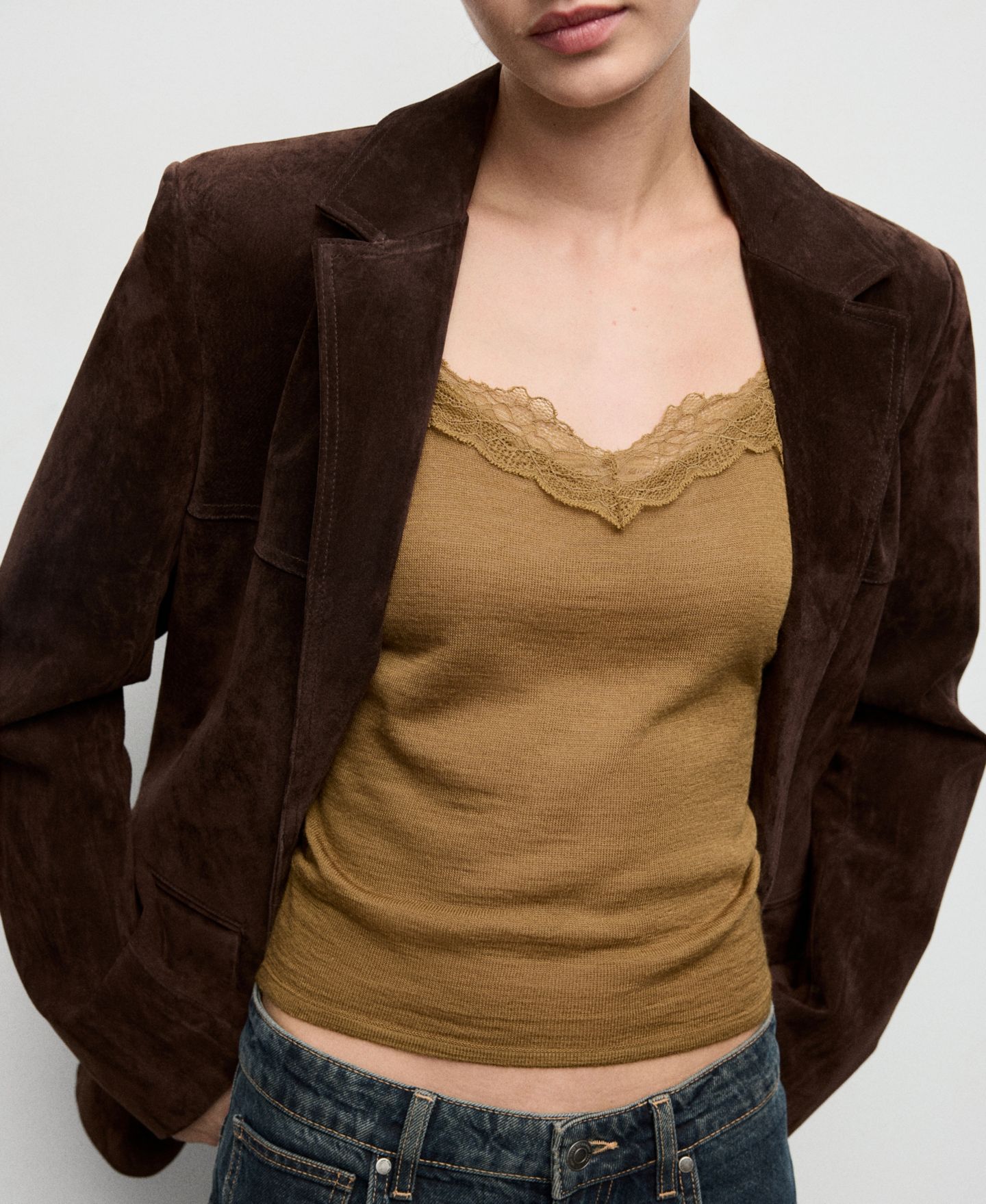 Женский топ Mango Wool-Blend Lace, цвет: Ochre — фото 4