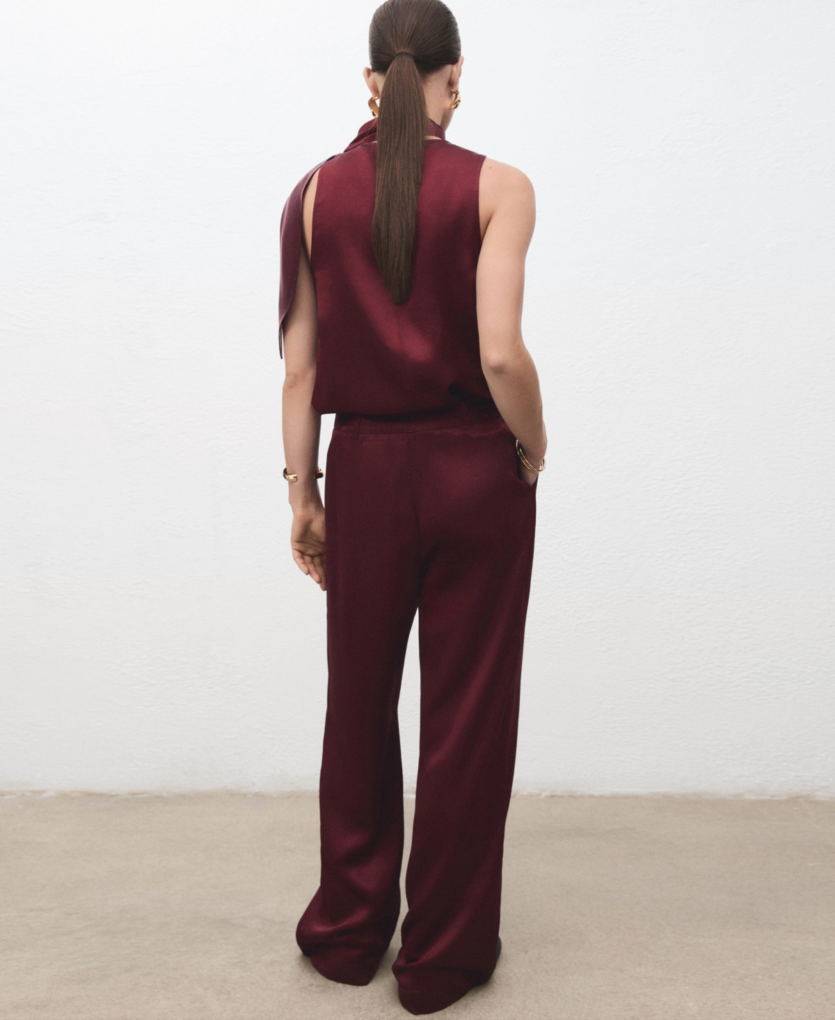 Mango Wide Leg Satin Pants In Burgundy