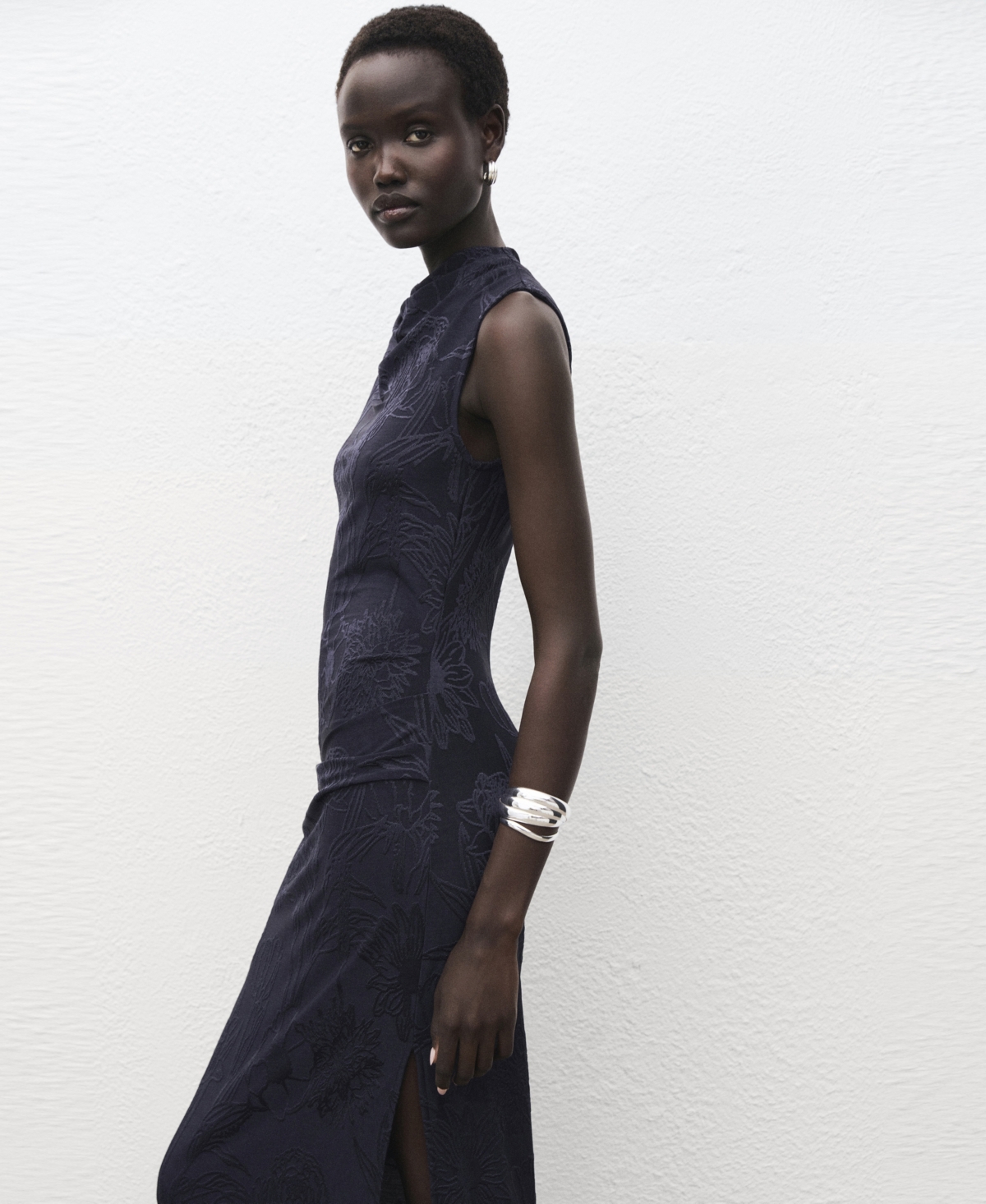 Mango Embroidered Dress With Draped Collar Navy In Blue