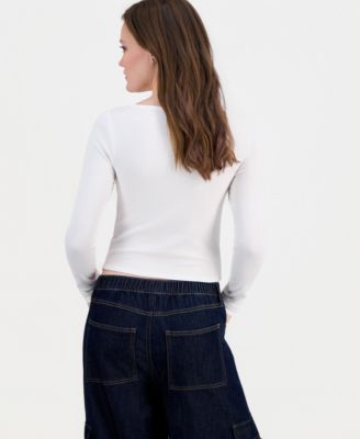 Juniors' Lace-Trim Long-Sleeve Ribbed Top