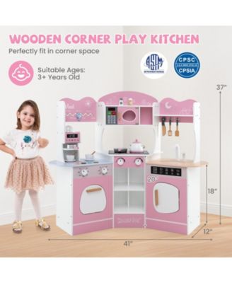 Corner Wooden Play Kitchen with Coffee Machine and Slide for Kids-Pink