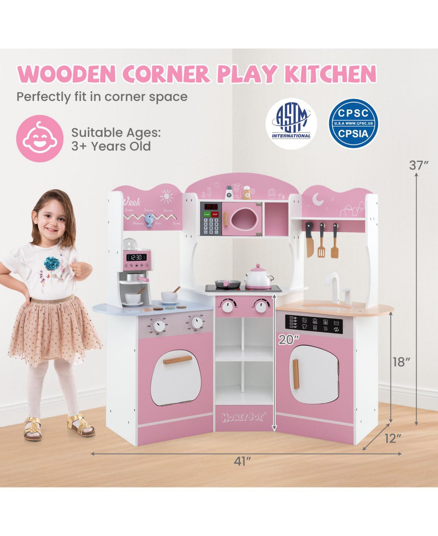 Детская игрушка SKONYON Wooden Play Kitchen with Coffee Machine and Slide, Ages 3+, цвет: Розовый — фото 8