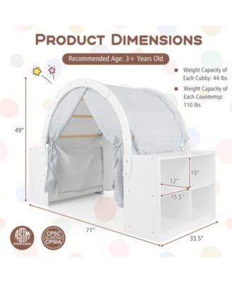 Wooden Kids Play Tent with Curtain Shades and 8 Cubbies-White