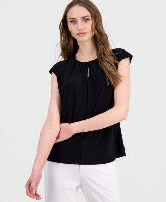 Women's Pleat-Neck Cap-Sleeve Top