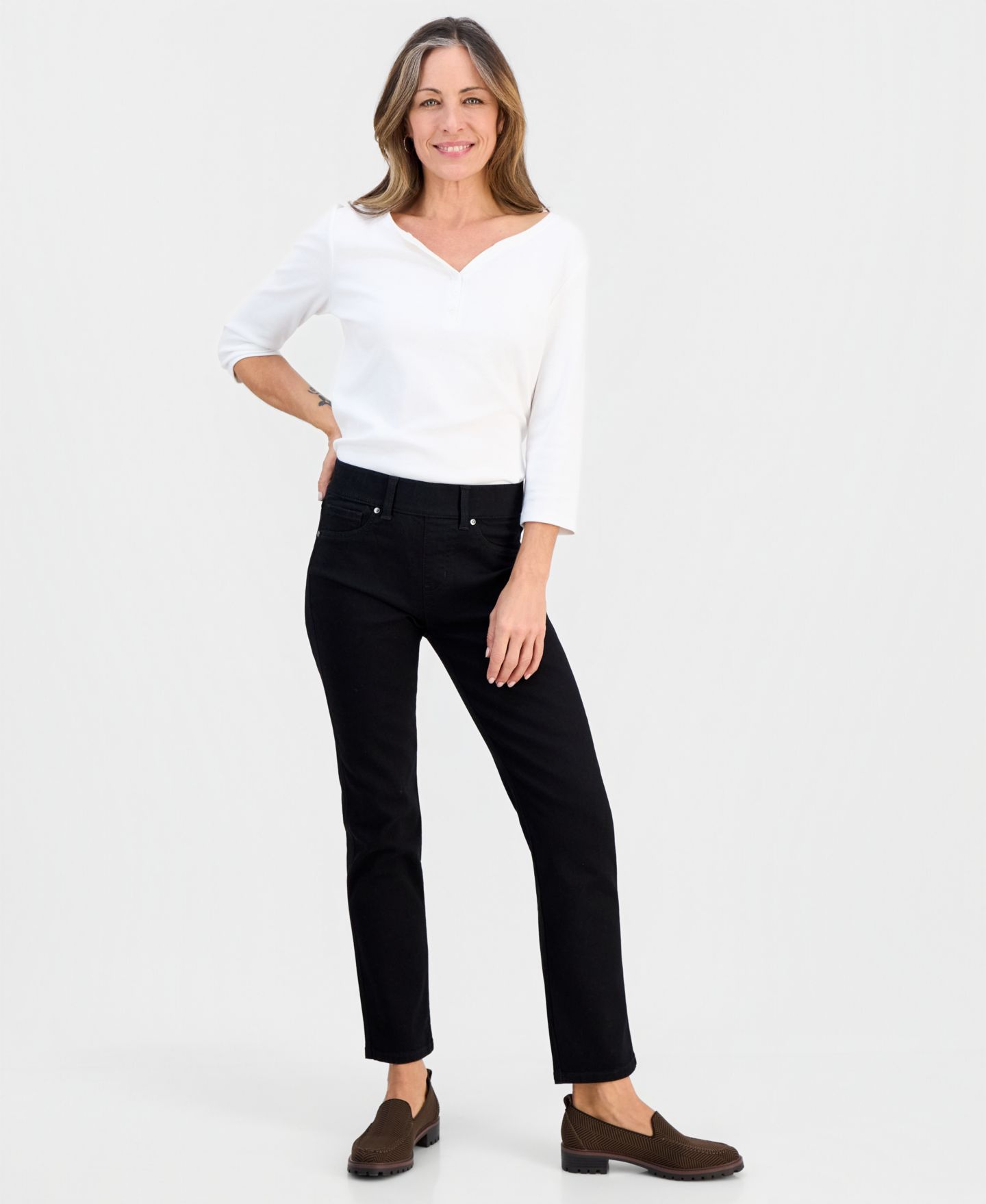 Женские джинсы Style & Co Petite High-Rise Pull-On Straight-Leg, цвет: Чёрный варёный — фото 1