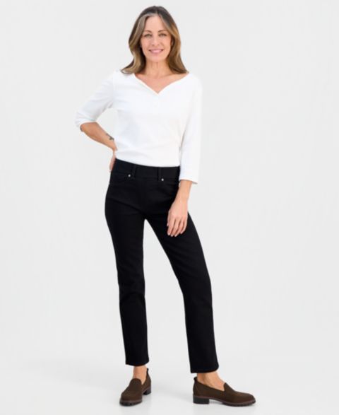 Женские джинсы Style & Co Petite High-Rise Pull-On Straight-Leg, цвет: Чёрный варёный