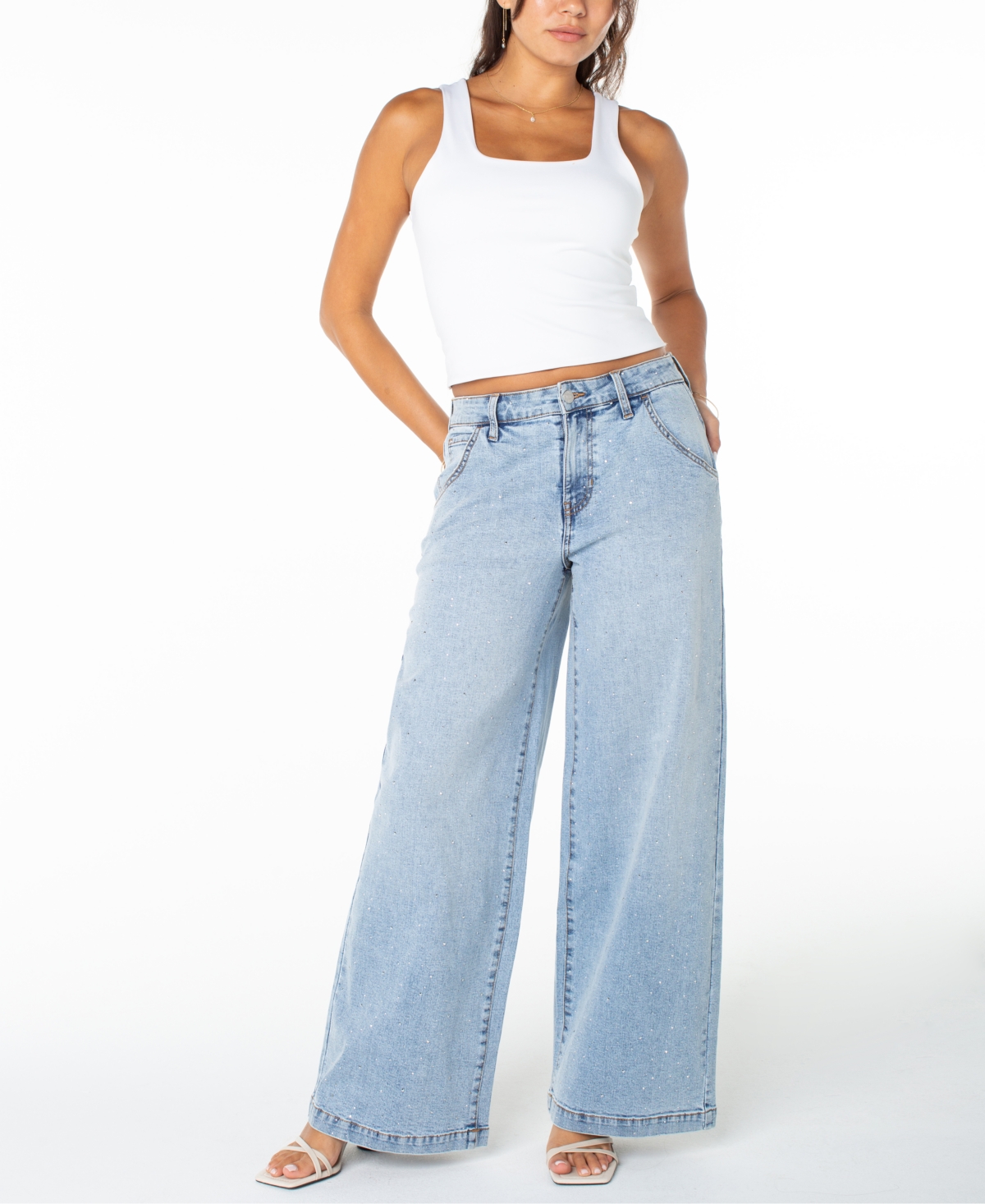 Celebrity Pink Juniors' Embellished Mid-rise Wide-leg Jeans In Blue