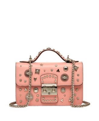 Small Leather Crossbody Bag Studded Purse Top Handle Structured Handbag