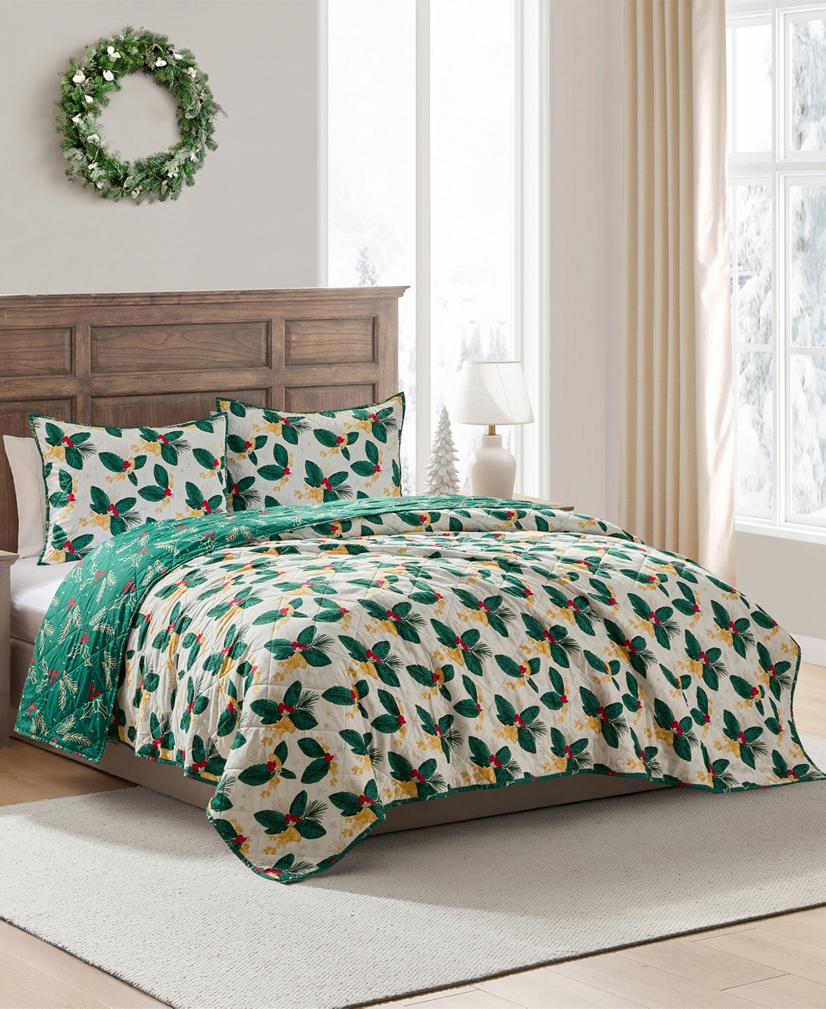 Hallmark Bedding Poinsettia Holiday 3-pc. Quilt Set, Full/queen In Green